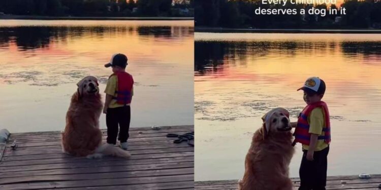 Golden Retriever Sits Next to Toddler as They Watch a Beautiful Sunset, Right Where He Belongs