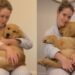 Golden Retriever Hides in Mom’s Arms by the Stairs Because Being Brave Can Wait Until Tomorrow